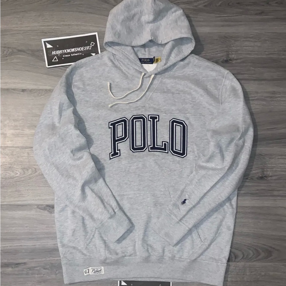 POLO RALPH LAUREN Big & Tall Grey Spell Out Logo Fleece Sweatshirt Hoodie